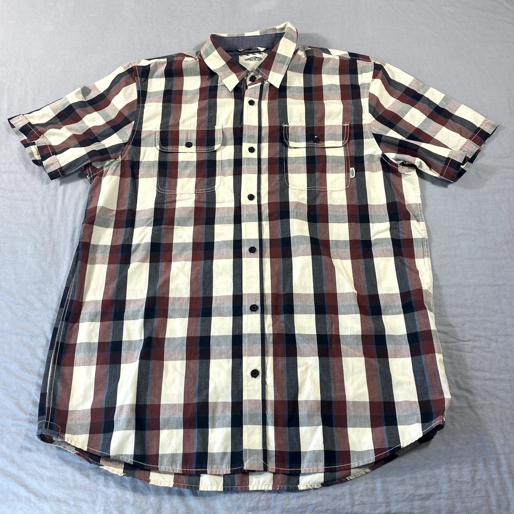 VANS Shirt Adult Large White Red Plaid Button Up Skater Beach Surf Casual‎ Mens